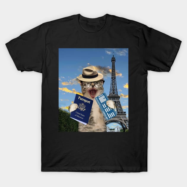 Cat Kitty Kitten Tourist In Paris France Eiffel Tower Funny T-Shirt by Random Galaxy